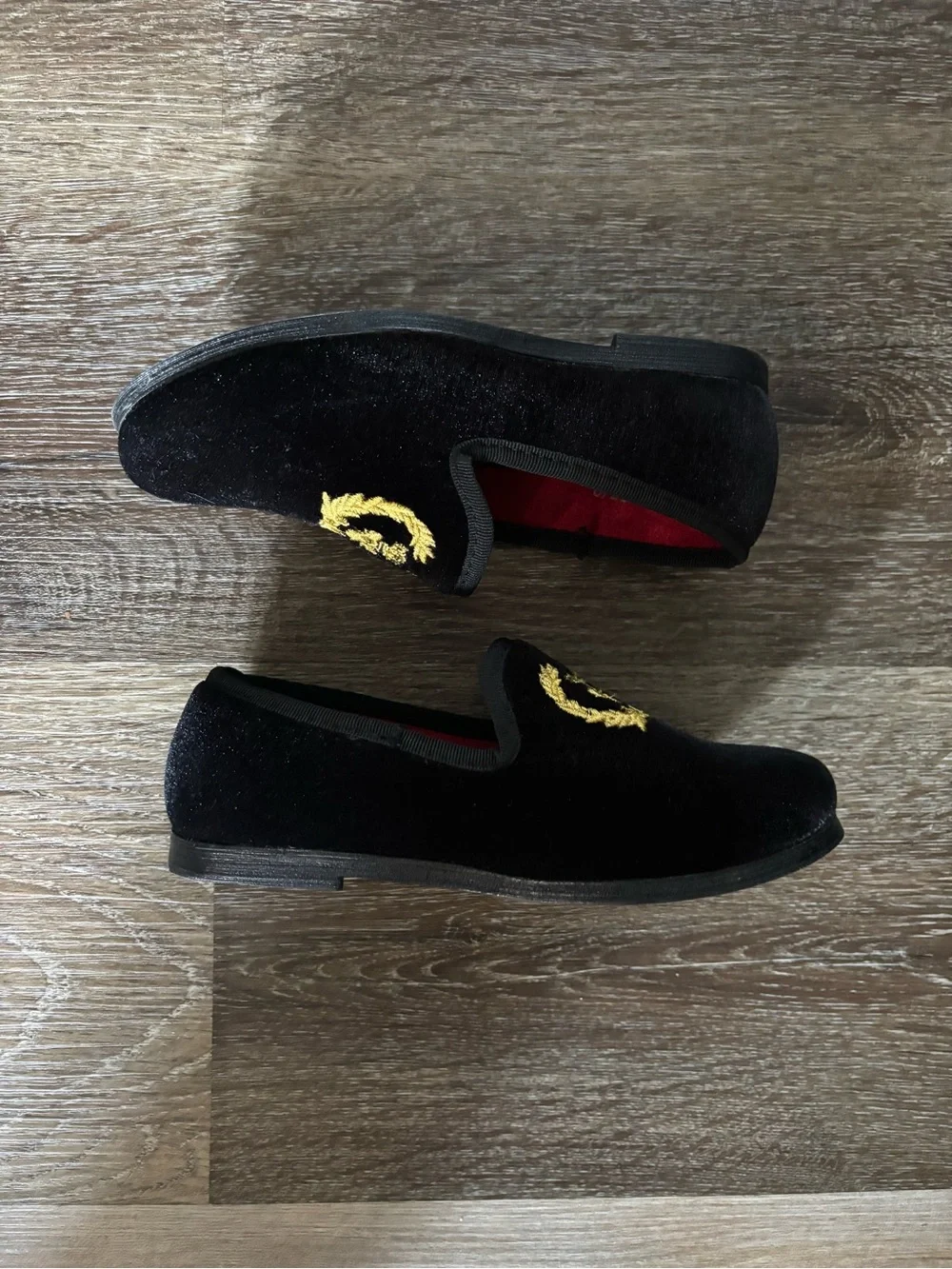 Black Velvet Kids Dress Loafers with Gold Crest Embroidery